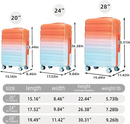 Campfun 3 Piece Luggage Sets, PC Gradient Color Suitcase Set with Double Spinner Wheels, Durable Carry On Luggage with Combination Lock, 20/24/28 inch, Red+Blue