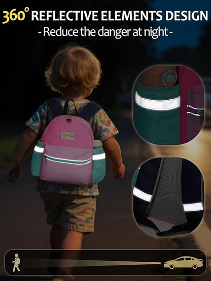 Toddler Backpack with Leash for Boys Girls Kids Kindergarten Nursery, 11” Baby Leash Backpack with Reflective, Toddler Bookbag with Anti-Lost Harness for Walking, Light Pink