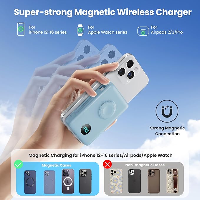 6 in 1 Magnetic Portable Charger for iPhone with Built-in Cables, 10800mAh 25W PD Fast Charging Power Bank, 6 Outputs Travel Essential Battery Pack for iPhone 17/16/15/14/13/12,Apple Watch (Sky Blue)