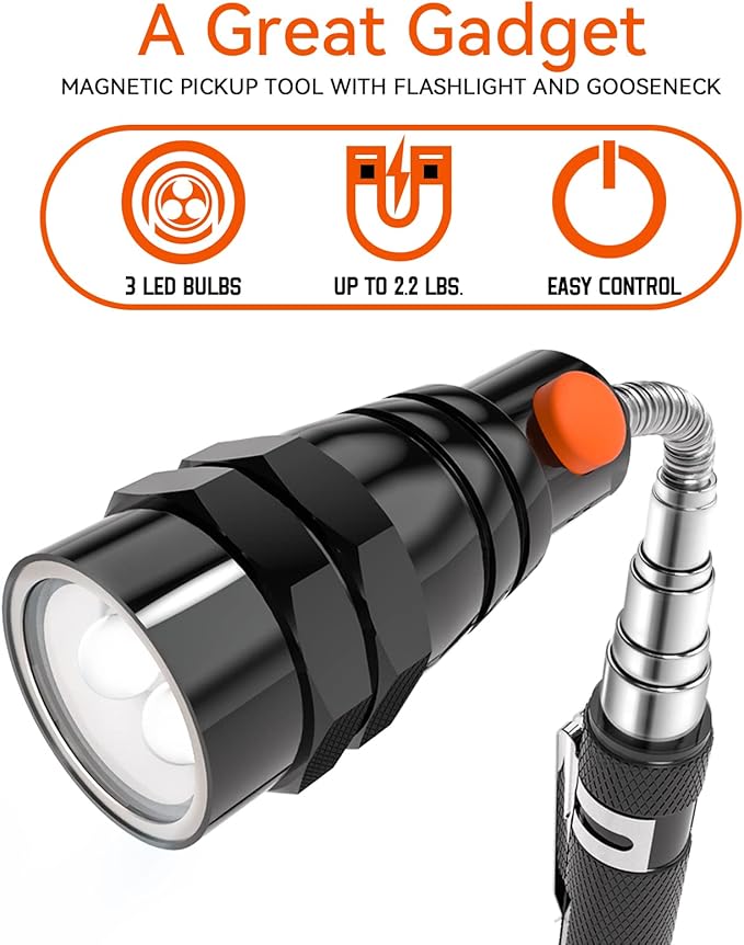 LED Magnetic Pickup Tools, Christmas Stocking Stuffers for Men Adults, Telescoping Magnetic Flashlights with Extendable Magnet Stick, Birthday Gifts for Men, Him, Dad, Boyfriends, Black