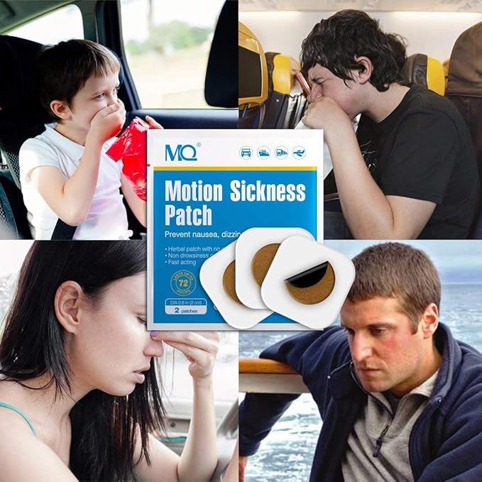 MQ 14 ct Motion Sickness Patches Non Drowsy Sea Sickness Patch for Cruise Travel Essentials, Waterproof Car Sick Patches Behind Ear Fast Acting & Long Last 72H, 1 Pair of Wristbands as a Bonus