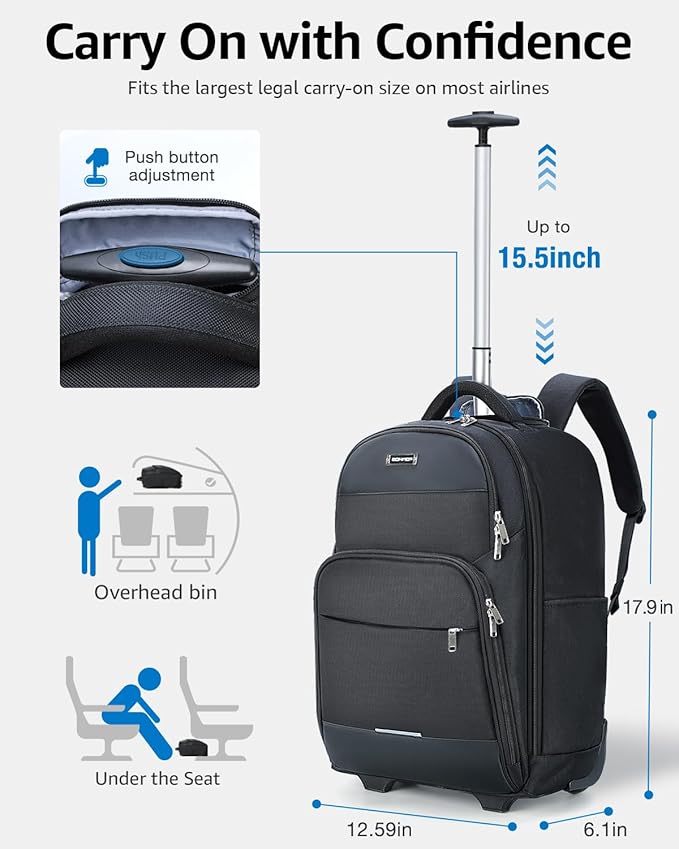 Rolling Backpack, 30L Travel Laptop Backpack with Wheels, 15.6 Inch Roller Carry on Luggage with USB Charging Port, Flight Approved Personal Item Wheeled Suitcase for Men Women Adults, Black