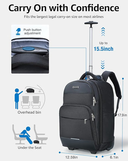 Rolling Backpack, 30L Travel Laptop Backpack with Wheels, 15.6 Inch Roller Carry on Luggage with USB Charging Port, Flight Approved Personal Item Wheeled Suitcase for Men Women Adults, Black
