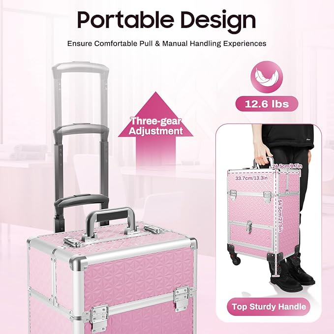 Rolling Makeup Train Case,Multi-functional Cosmetic Trolley with 360° Swivel Wheels Keys,Salon Barber Case Traveling Cart for Nail Technicians Hairstylist (Pink)
