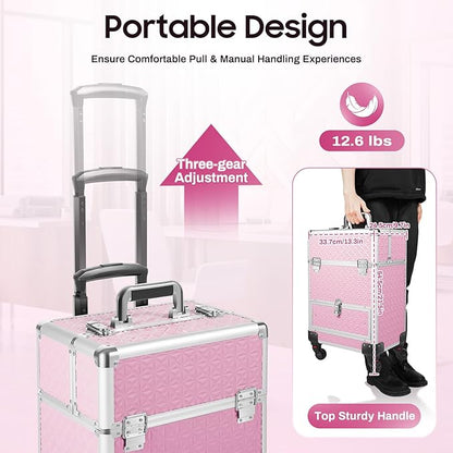 Rolling Makeup Train Case,Multi-functional Cosmetic Trolley with 360° Swivel Wheels Keys,Salon Barber Case Traveling Cart for Nail Technicians Hairstylist (Pink)