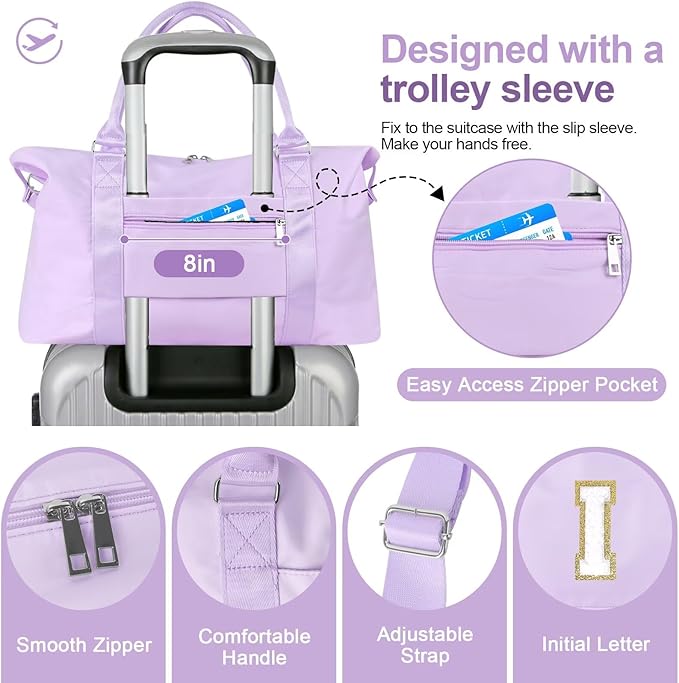 Dance Gym Duffel Bag for Teen Girls, Personalized Initial Travel Weekender Bag,Cute Overnight Carry On Duffle for Women,Sports Travel Cheer Bag,Monogram Christmas Gifts for Tween Preppy(purple-I)