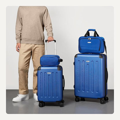 Amazon Basics 4-Piece Luggage Set, Including Two Hardside Suitcases With Multidirectional Spinner Wheels (22" Carry-On and 28" Checked), Plus 15-inch Tote Bag and 10-inch Compact Travel Bag, Navy Blue