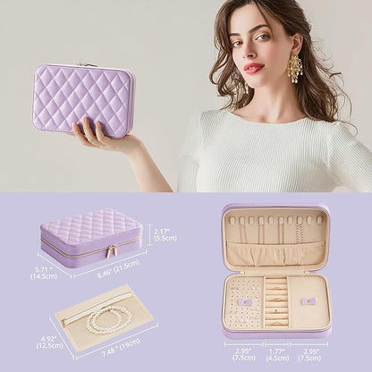 Lolalet Travel Jewelry Case for Women Girls, Travel Jewelry Organizer Box with Mirror & Clear Storage Bag, Small Portable Earring Necklace Bracelet Ring Case, Birthday Christmas Gifts -Medium, Purple