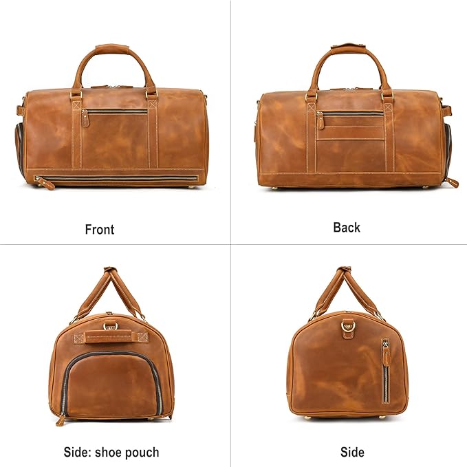 Full-grain Leather Travel Bag Large Capacity Duffel Luggage Bag with Shoe Compartment, Men Weekend Overnight Bag for Business Holiday Trip, Light Brown