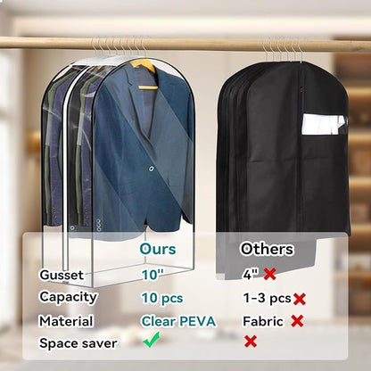 10” Gusseted Clear Garment Bags, 40” Hanging Suit Bags for Closet Storage - Protect Clothes, Suits, Coats, Dresses - 3 Pack (40 inch)