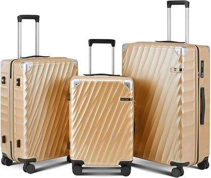 Luggage sets 3 piece with Spinner Wheels, PC Hard Shell Travel Luggage, Carry On suitcase with TSA Lock,YKK Zippers,Charcoal Metallic (Gold, 3 Piece Sets(20/24/28))