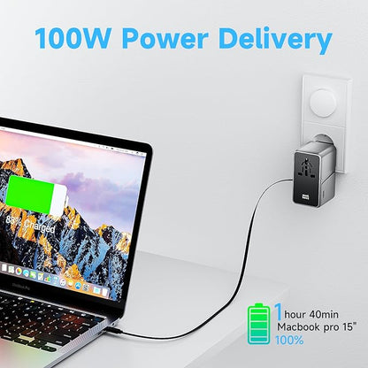 Minthouz Universal Travel Adapter, International 100W Power Adapter GaN Fast Charger with 2 USB-C PD, 1 USB-C Cable &A Ports, All-in-One Portable AC Power Plug Adapter for USA EU UK AUS