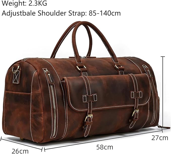 Full-grain Genuine Leather Travel Bag Large Capacity Duffel Luggage Bag with Shoe Compartment, Men Women Shoulder Bag for Weekend Holiday Business Trip, 58cm