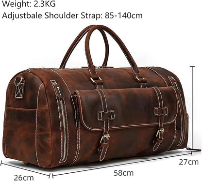 Full-grain Genuine Leather Travel Bag Large Capacity Duffel Luggage Bag with Shoe Compartment, Men Women Shoulder Bag for Weekend Holiday Business Trip, 58cm