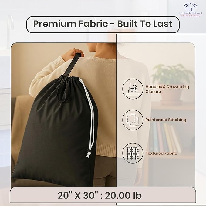 LFH Home Large Premium 1pack Cotton Canvas Laundry Bag with Drawstring and Handles Heavy Duty, Multi-Use, and Washable for Home, Travel, College or Storage 20x30-Black