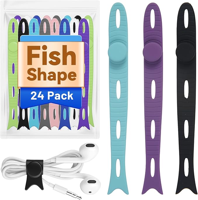 24-Pack Reusable Fish-Shape Silicone Cable Ties – 8 Colors, 4.7” Adjustable Cord Organizers for Cords & Electronics, Cord Wraps for Charging Cables, Cable Management for Home & Office