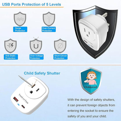 Type G-UK Plug Adapter, VooLerTun Dubai England Travel Adapter with 30W Fast Charge Power Adapter Dual Ports Cell Phone Camera, 1 American Outlet Adapter, US Converter for UK Travel,UK Power Adapter.