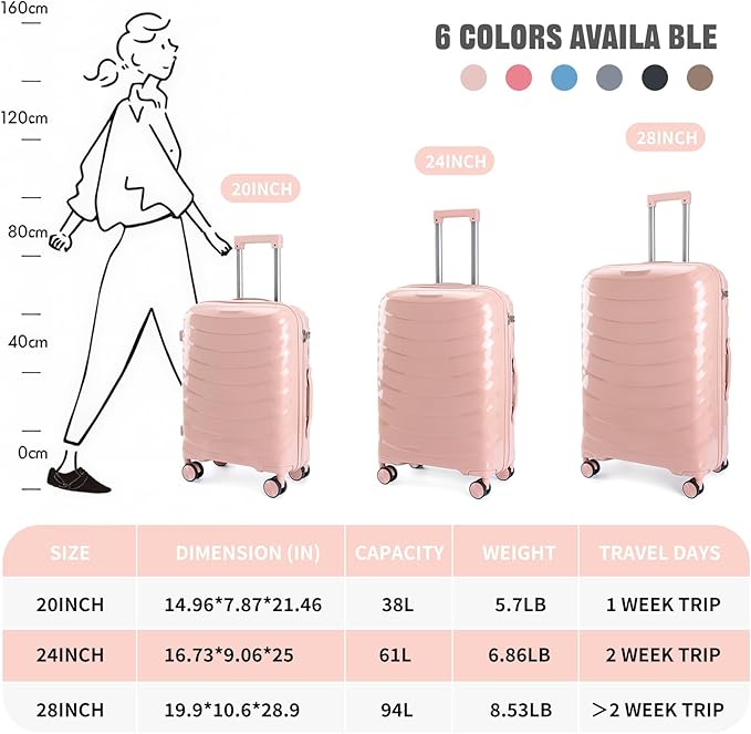 LARVENDER Luggage Sets 3 Piece, Hardside PP Carry On Luggage Suitcase with 360° Spinner Wheels Suitcase Sets for Women Men, Pink