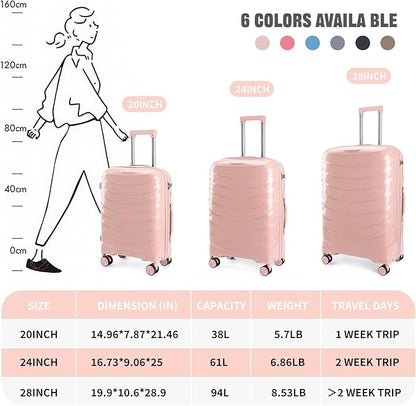 LARVENDER Luggage Sets 3 Piece, Hardside PP Carry On Luggage Suitcase with 360° Spinner Wheels Suitcase Sets for Women Men, Pink