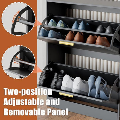 JOZZBY Shoe Cabinet Storage for Entryway, Slim Black Hidden Shoe Organizer Cabinet with 2 Flip Drawers, Wooden Narrow Shoe Rack with 2 Tier Freestanding for Hallway, Living Room