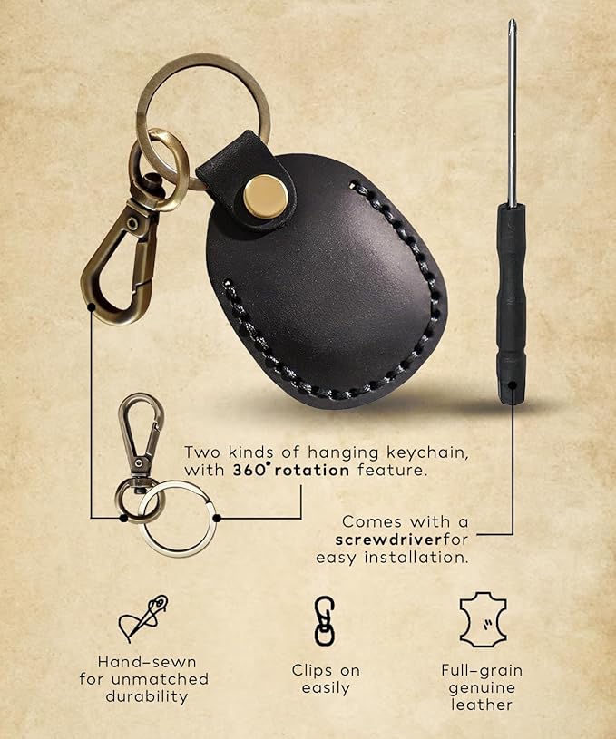 Genuine Leather AirTag Keychain Compatible with Apple AirTag Holder Key Ring. Anti Lost Anti Scratch Secure Key Chain Case for Pet Collar Luggage Travel. Full Cover Protective Air Tag Keyring (Black)