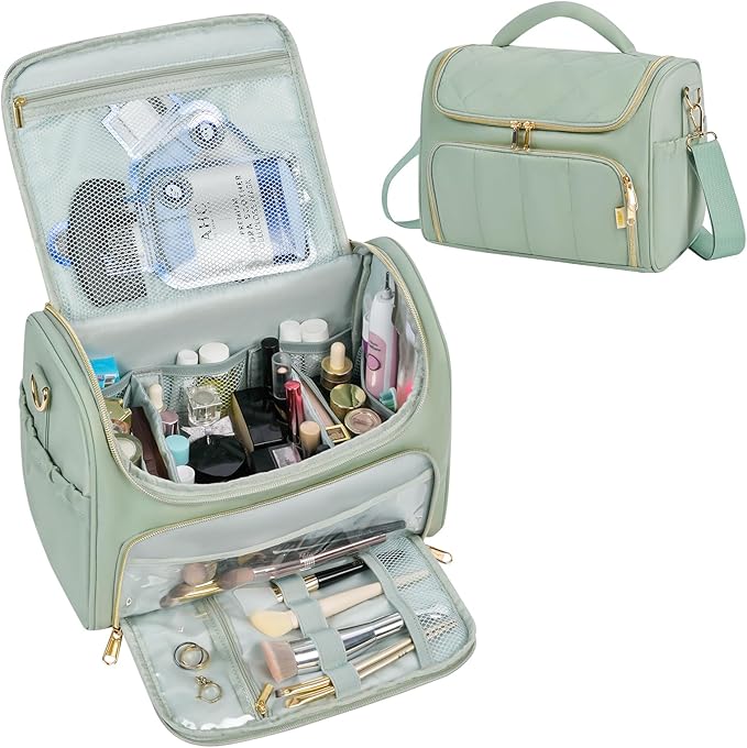 Travel Toiletry Bag Large Cosmetic Makeup Bag Organizer for Women,Wide-open Make Up Bag Waterproof Makeup Case Travel Bag with Handle and Dividers for Toiletries,Essentials,Accessories,Green