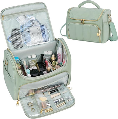 Travel Toiletry Bag Large Cosmetic Makeup Bag Organizer for Women,Wide-open Make Up Bag Waterproof Makeup Case Travel Bag with Handle and Dividers for Toiletries,Essentials,Accessories,Green