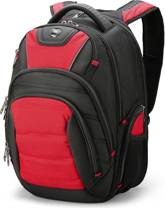 Swissdigital Design Men's Laptop Backpack for College and Business Travel with Integrated USB Charging Port and RFID Protection Fits 15.6" Laptops Black/Red | J14-41