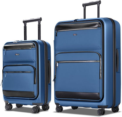 Luggage Sets 2 Piece, Carry On Luggage with Front Pocket & USB Port and 28 Inch Expandable Checked Luggage, Hybrid Soft Front & Hard Shell Suitcases with Spinner Wheels & TSA Lock, Blue