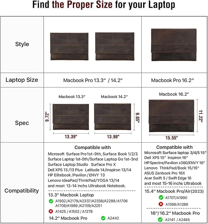 Top Grain Leather 14.2" Slim Laptop Sleeve Bag, Magnet Clasp Closure Design & 3 Pockets & AirTag Holder, Fully Handmade, Fits MacBook Pro/Air 14.2"/13.3"/Cellphone/Passport, Coffee 14.2 Inch