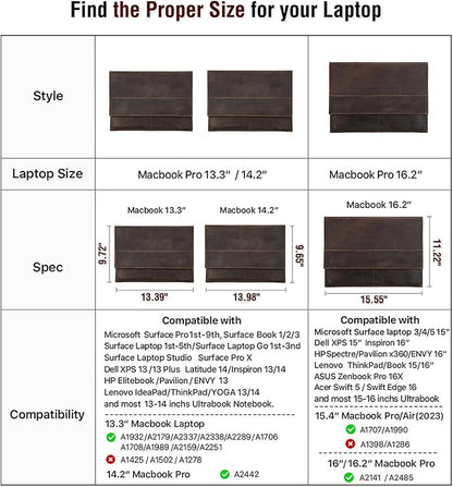 Top Grain Leather 14.2" Slim Laptop Sleeve Bag, Magnet Clasp Closure Design & 3 Pockets & AirTag Holder, Fully Handmade, Fits MacBook Pro/Air 14.2"/13.3"/Cellphone/Passport, Coffee 14.2 Inch