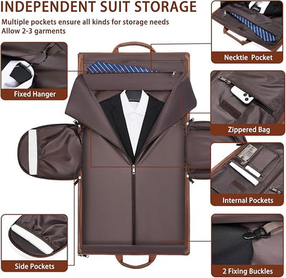 Leather Garment Bag，Convertible Garment Duffel Bag for Travel Mens Suit Bag 2 in 1 Waterproof Foldable Carry on Garment Bag with Shoulder Strap Weekender Bag with Shoe Pouch