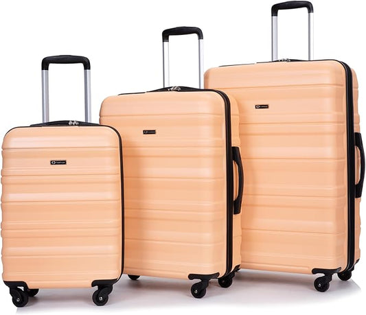 3 Piece Luggage Sets, PC Lightweight Expandable Suitcase with Two Hooks, Spinner Wheels, TSA Lock, (20/24/28) (Champagne)