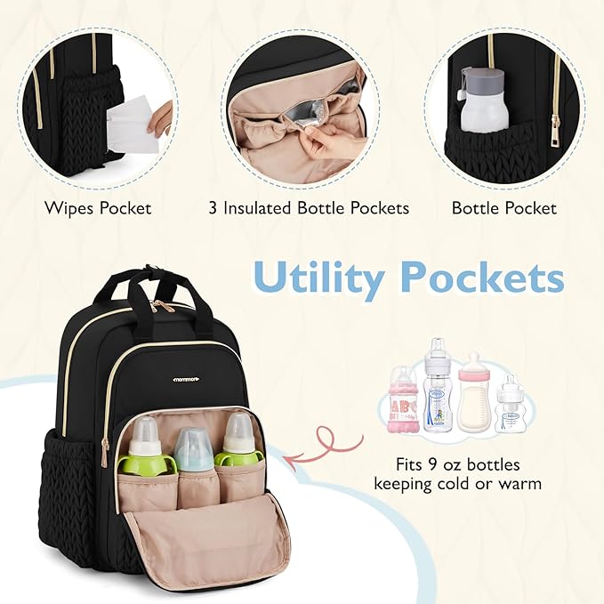mommore Diaper Bag Backpack Large Baby Bag for Boys Girls Quilted Travel Diaper Backpack with Changing Pad, Stroller Straps