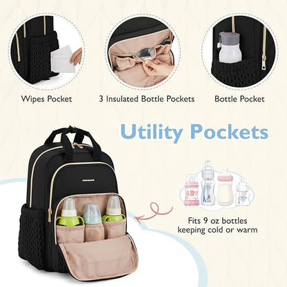 mommore Diaper Bag Backpack Large Baby Bag for Boys Girls Quilted Travel Diaper Backpack with Changing Pad, Stroller Straps