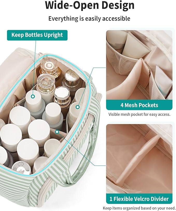 Narwey Large Travel Toiletry Bag, Wide-open Travel Bag for Toiletries, Toiletry Bags for Traveling Women, Cosmetic Make Up Makeup Bag Organizer with Wet Pocket, Shower Skincare Bag (Mint Green Stripe)