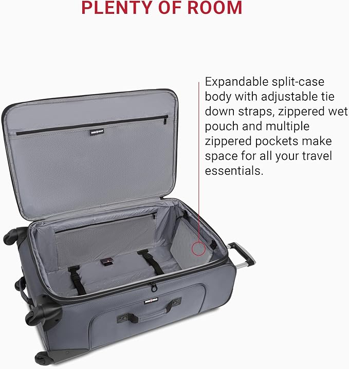 SwissGear Sion Softside Expandable Luggage – Large Checked Suitcase with 360 Degree Wheels & Retractable Handle – 29 Inch, Perfect for 7-9 Night Trips – Dark Gray