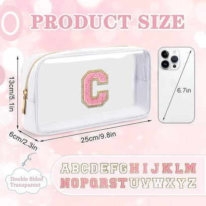 Small Clear Personalized Initial Makeup Bag,Nylon Preppy A-Z Chenille Letter Patch Cosmetic Pouch Beach Toiletry Bag,Waterproof Zipper Travel Purse Storage Bag Organizer for Women Girls(White-Pink C)