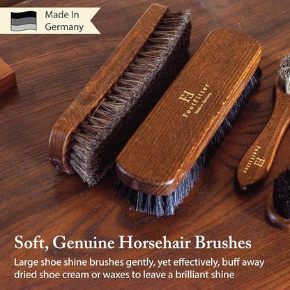 FootFitter Leather Shoe Shine Refill Set, Complete Shoe Care Kit with Horsehair Brushes, Premium Creams, Cloths & Shoehorn