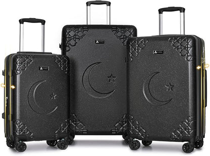 Somago 3 Piece Luggage Set with Cup Holder, Expandable 25% Capacity Suitcase with Shock-Absorbing Braking Spinner Wheels Moon Star Design Hardside Suitcase with TSA Lock (Black,Expandable Sets)