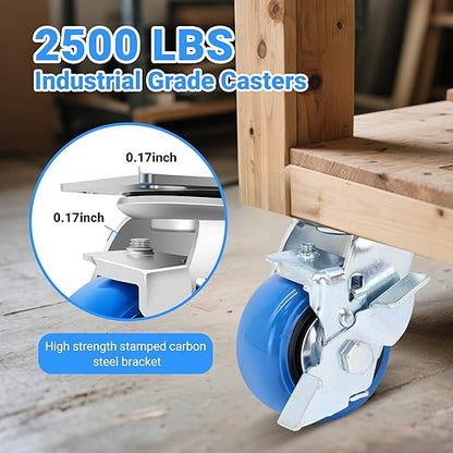 W B D WEIBIDA 4 Inch Heavy Duty Casters, Smooth Rolling Caster Design for Cart Wheels, 2500 LBS Industrial Grade Castors with Upgraded Thickened Bracket, Durable Castors (4 Brake)