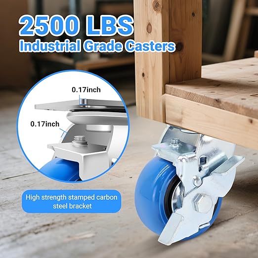 W B D WEIBIDA 4 Inch Heavy Duty Casters Set of 4, Smooth Rolling Caster Design for Cart Wheels, 2500 LBS Industrial Grade Castors with Upgraded Thickened Bracket, Durable Castors (2 Brake & 2 Rigid)