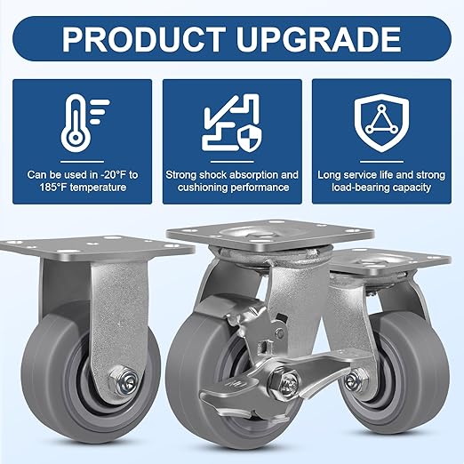 4 Inch Rubber Wheels (Flat Tread)- Heavy Duty Casters, Industrial Caster Wheels- with up to 700 LB Capacity- Use for Dollies, Utility and Maintenance Carts(2 Swivel)