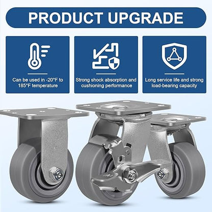 4 Inch Rubber Wheels (Flat Tread)- Heavy Duty Casters, Industrial Caster Wheels- with up to 700 LB Capacity- Use for Dollies, Utility and Maintenance Carts(2 Rigid)