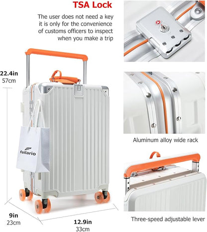 feilario 20" Aluminum Frame Wide Handle Hard Shell Carry On Suitcase - Vivid Colors Double Spinner Wheels Airline Approved Rolling Luggage with TSA Lock & Cup Holder (White, 20in)
