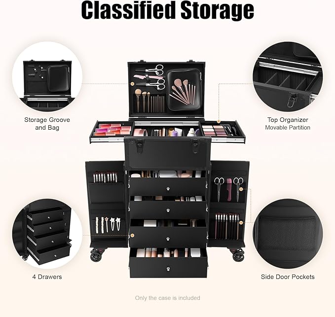 Professional Rolling Makeup Case 4 Drawers Pro Artist Cosmetic Train Cases Hairstylist Travel Case with Multiple Compartments & Hair Dryer Holder