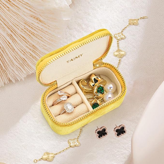 TAIMY Small Travel Jewelry Case, Mini Tiny Plush Velvet Jewelry Box for Women and Girls, Pocket Size Jewelry holder organizer for Rings Earrings and Small Items(Yellow)