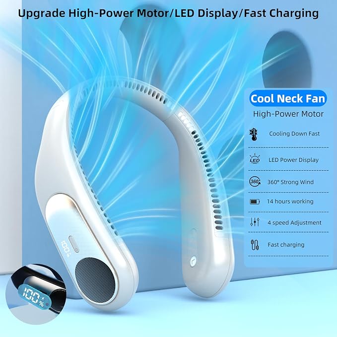 Portable Neck Fan,Personal Wearable Bladeless Fan,LED Display,4-Speeds,6000mAh USB Rechargeable,360° Strong Cooling Wind,Hands Free,White Elephant Gift,Christmas Gifts for Men Women (Light grey)