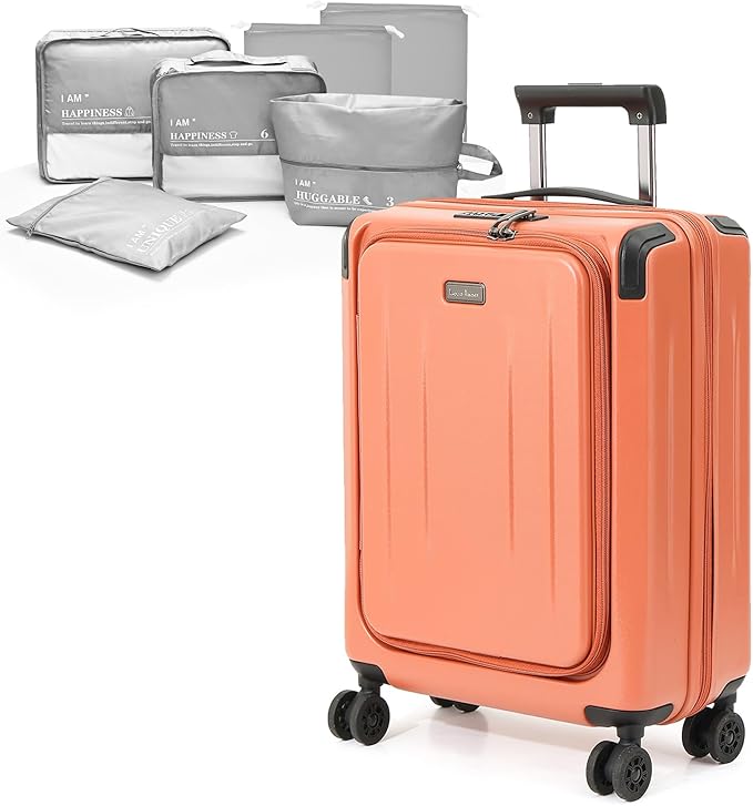 Carry On Luggage, 20 Inch Top Opening Aluminum Frame Lightweight Airline Approved ABS+PC Hard Shell Suitcases with Silent Wheels, TSA Lock, Front Pocket & Wet-dry Separated Six-piece Set (AD Orange)