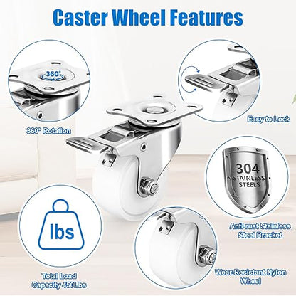 2 Inch Stainless Steel Caster Wheels Set of 4, Anti-Rust Outdoor Swivel Casters with Brake, Durable Polyamide PA Wheels for Furnitures,Labs,Restaurants